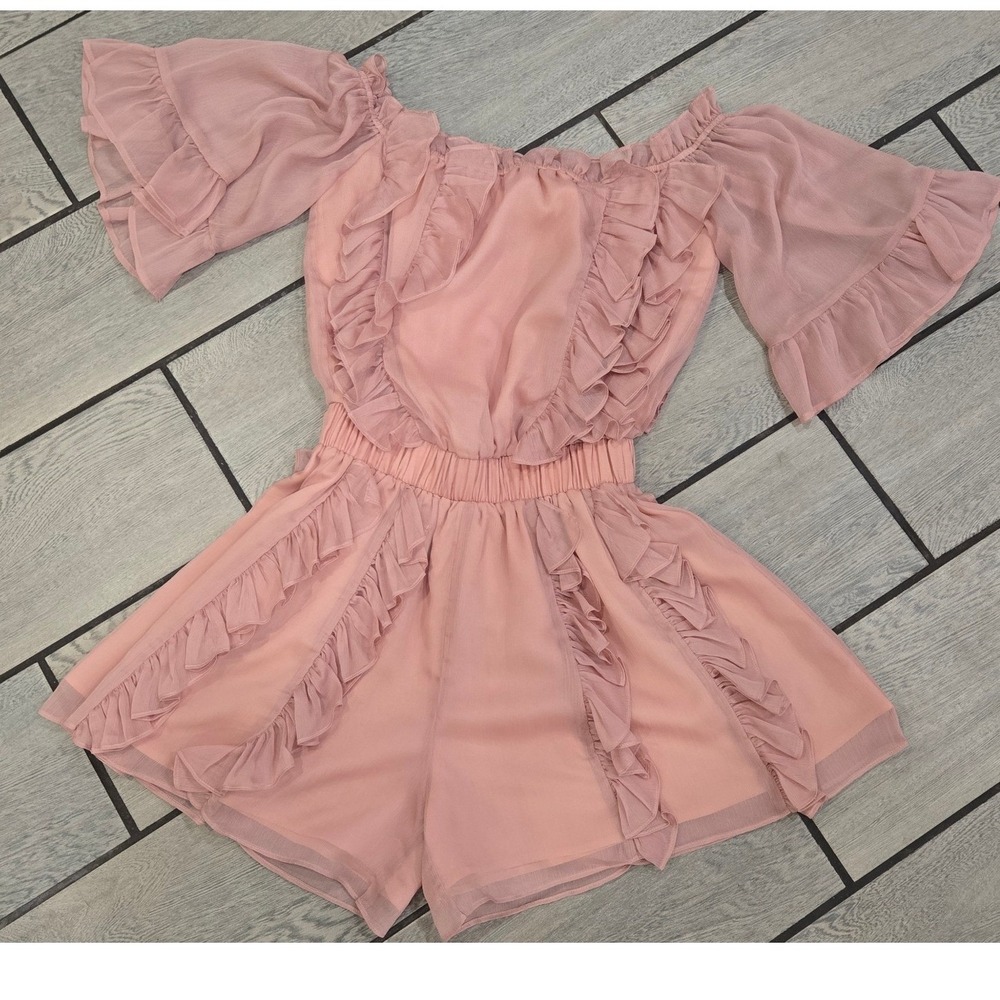 Endless Rose Pink Ruffle Off The Shoulder Romper Smocked Waist Chiffon XS